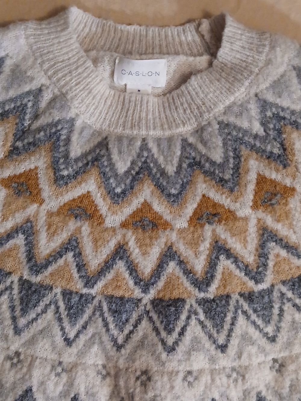 Caslon Cream, Gray & Brown Geo-Pattern Crewneck Sweater